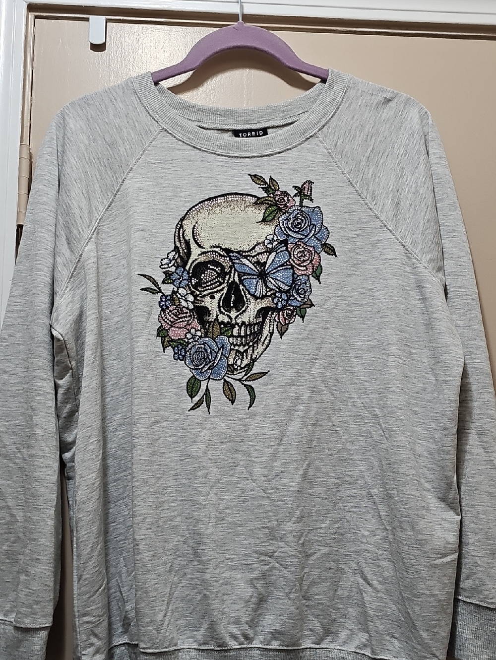 torrid Gray Sweatshirt with Floral Skull Patch